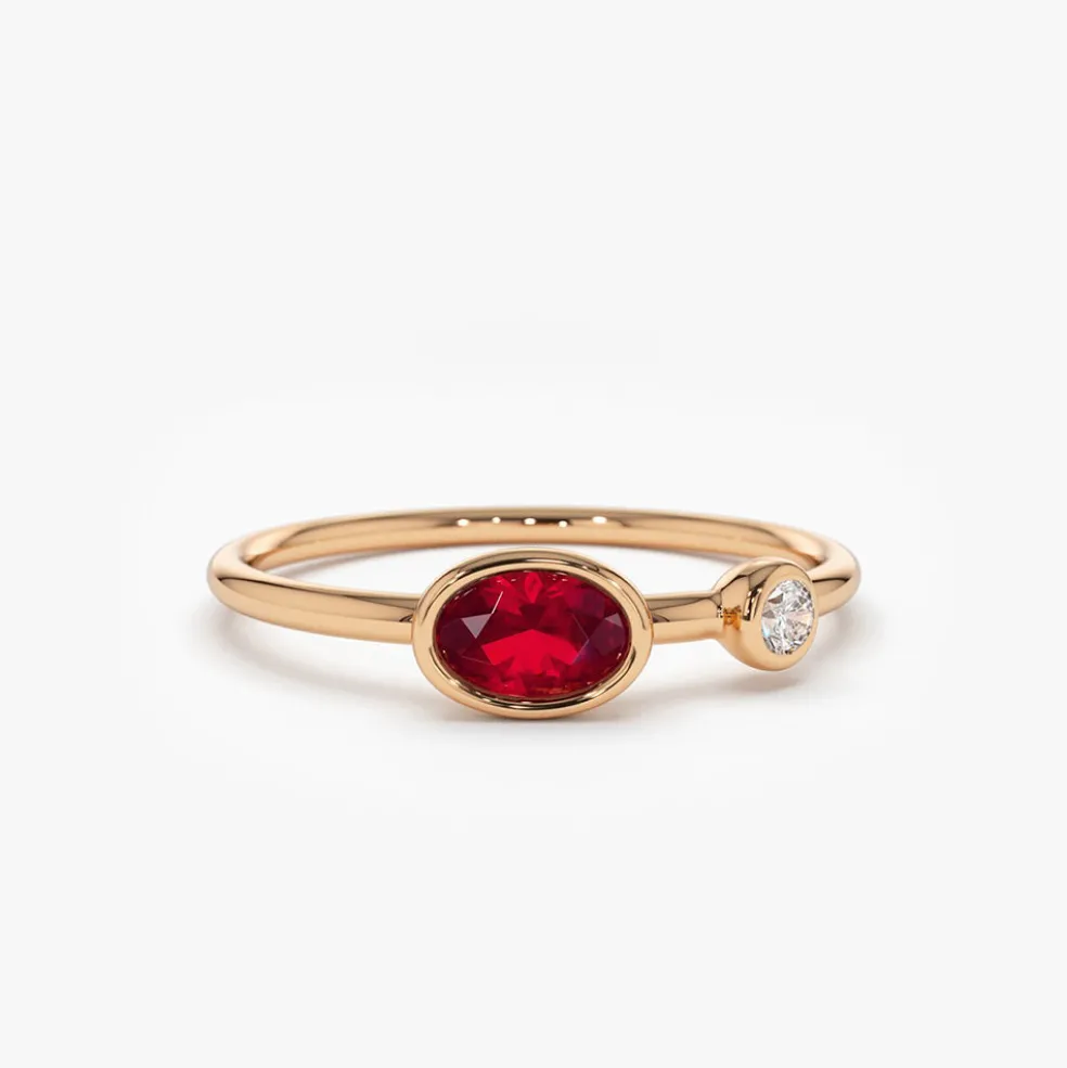 14k Oval Shape Bezel Setting Ruby and Diamond Ring