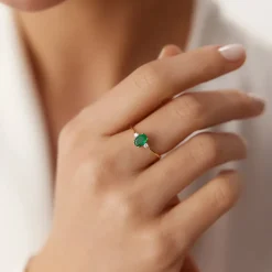 14k Oval Shape Emerald and Diamond 3 Stone Ring