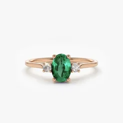 14k Oval Shape Emerald and Diamond 3 Stone Ring