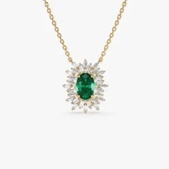 14k Oval Shape Emerald Necklace with Ballerina Baguettes
