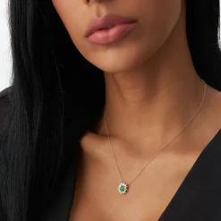 14k Oval Shape Emerald Necklace with Ballerina Baguettes