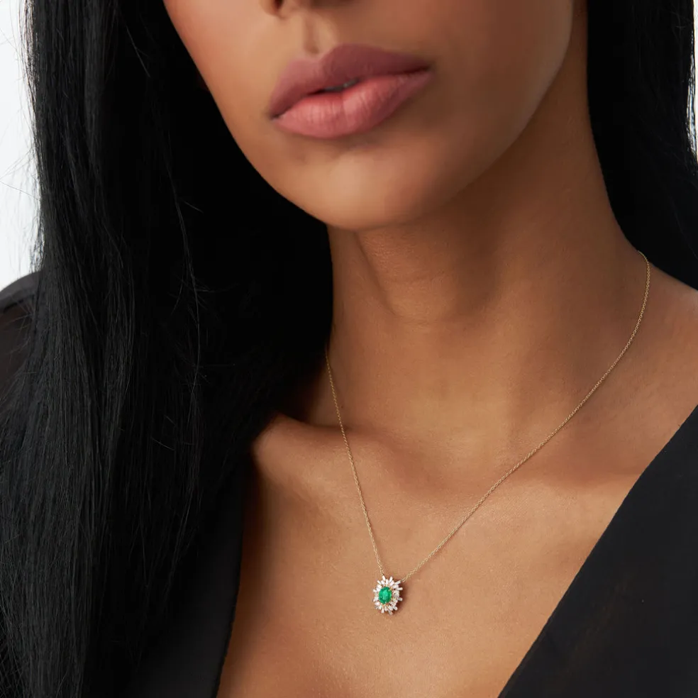 14k Oval Shape Emerald Necklace with Ballerina Baguettes