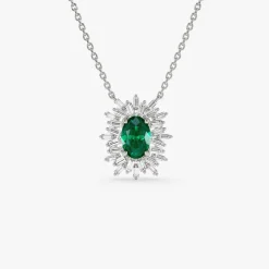 14k Oval Shape Emerald Necklace with Ballerina Baguettes