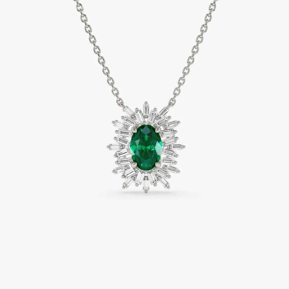 14k Oval Shape Emerald Necklace with Ballerina Baguettes