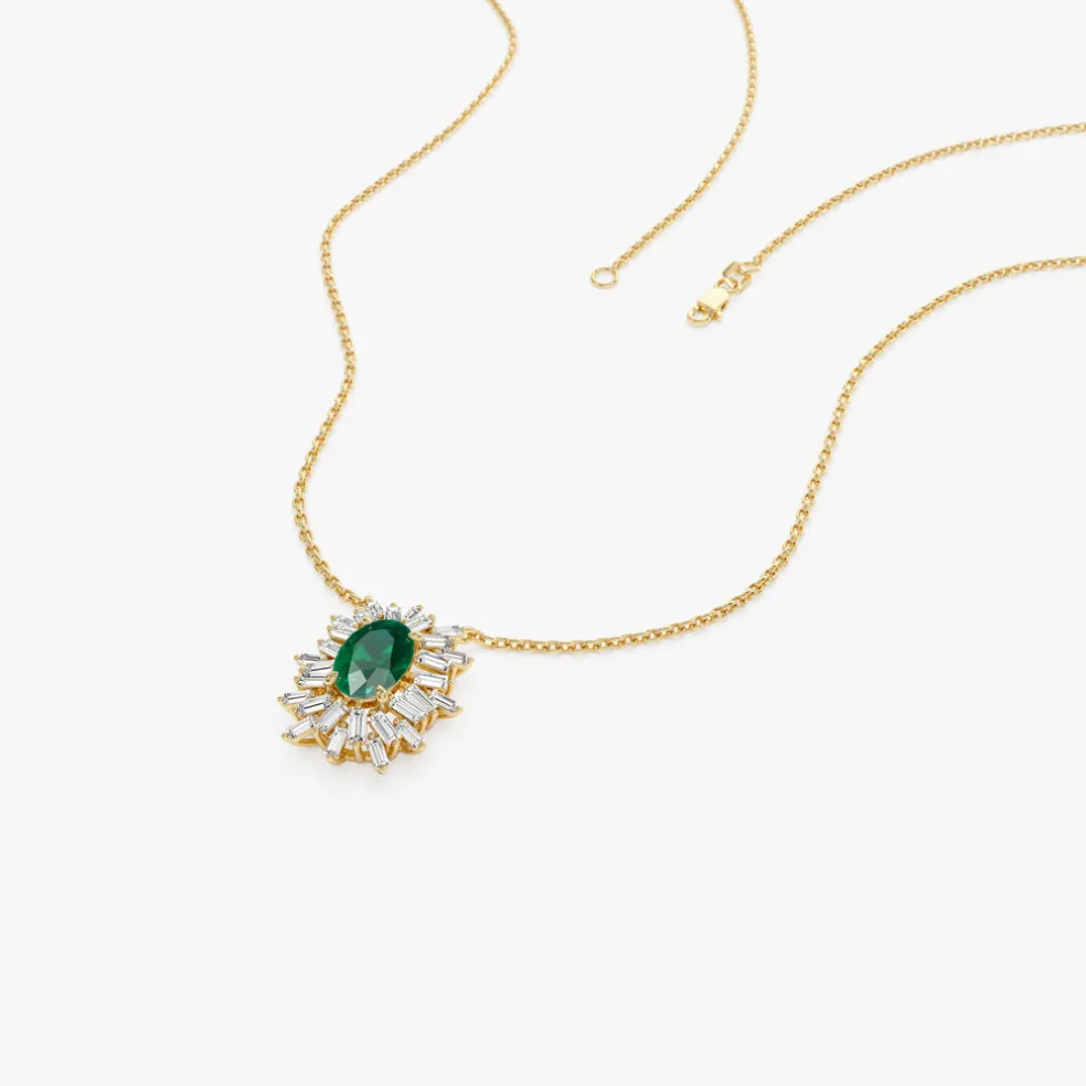 14k Oval Shape Emerald Necklace with Ballerina Baguettes