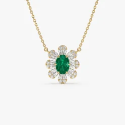 14k Oval Shape Emerald Necklace with Baguettes