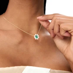 14k Oval Shape Emerald Necklace with Baguettes