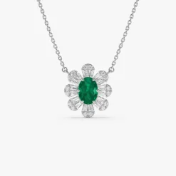 14k Oval Shape Emerald Necklace with Baguettes