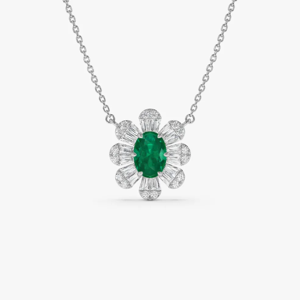 14k Oval Shape Emerald Necklace with Baguettes
