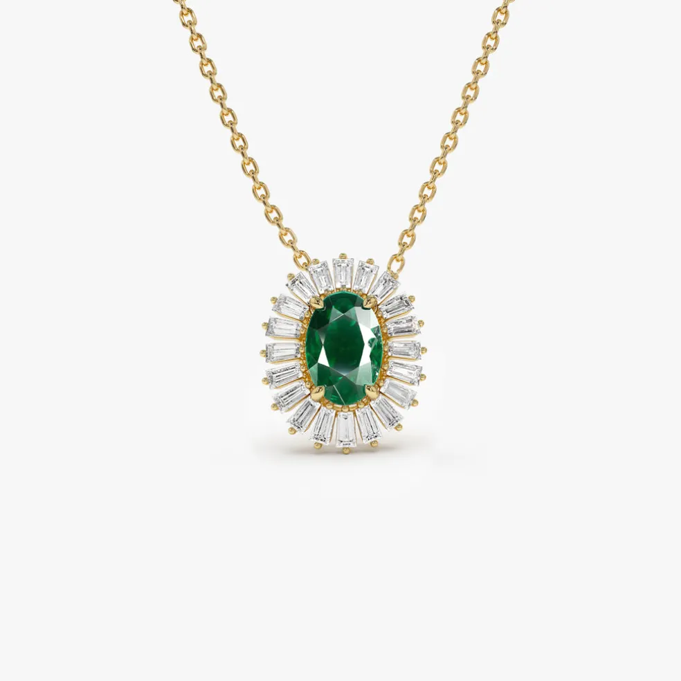 14k Oval Shape Emerald with Baguette Halo Setting Necklace