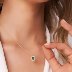 14k Oval Shape Emerald with Baguette Halo Setting Necklace