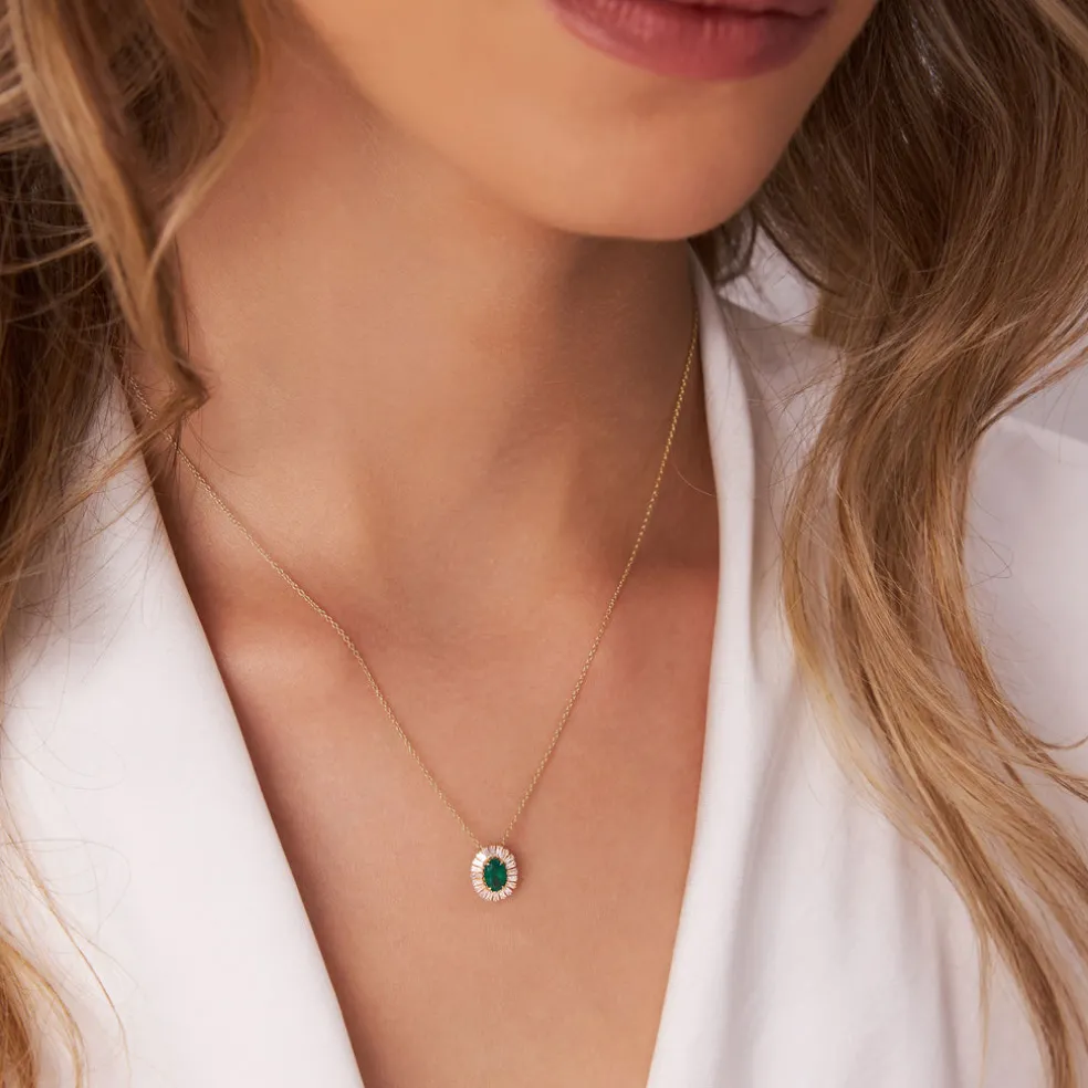 14k Oval Shape Emerald with Baguette Halo Setting Necklace