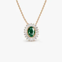 14k Oval Shape Emerald with Baguette Halo Setting Necklace