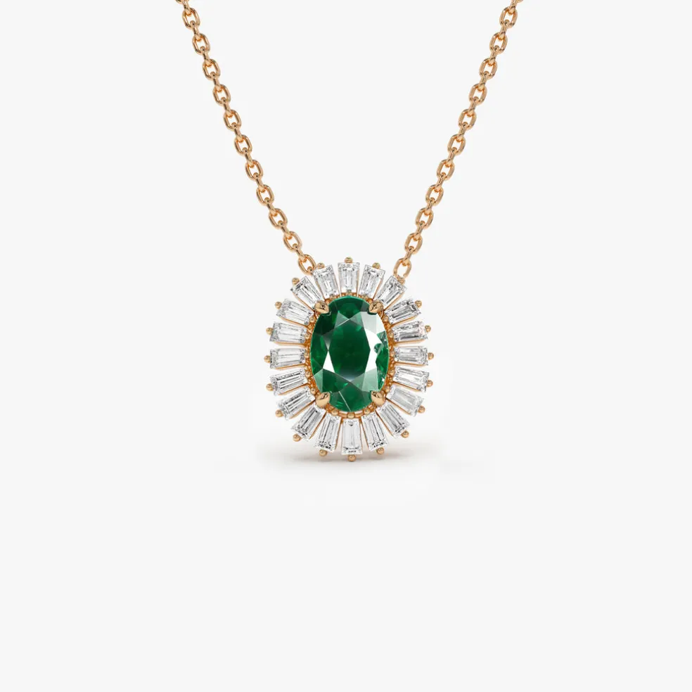 14k Oval Shape Emerald with Baguette Halo Setting Necklace