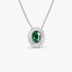 14k Oval Shape Emerald with Baguette Halo Setting Necklace
