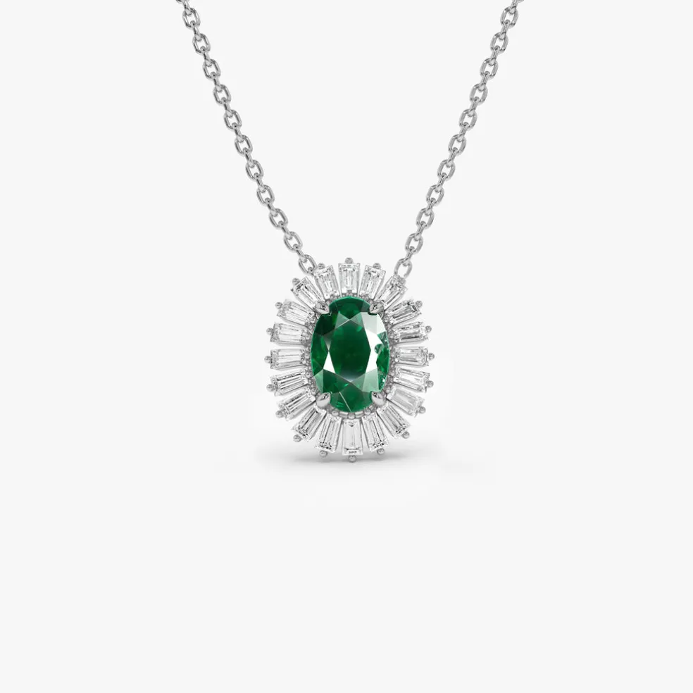 14k Oval Shape Emerald with Baguette Halo Setting Necklace