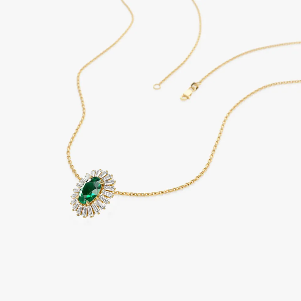14k Oval Shape Emerald with Baguette Halo Setting Necklace