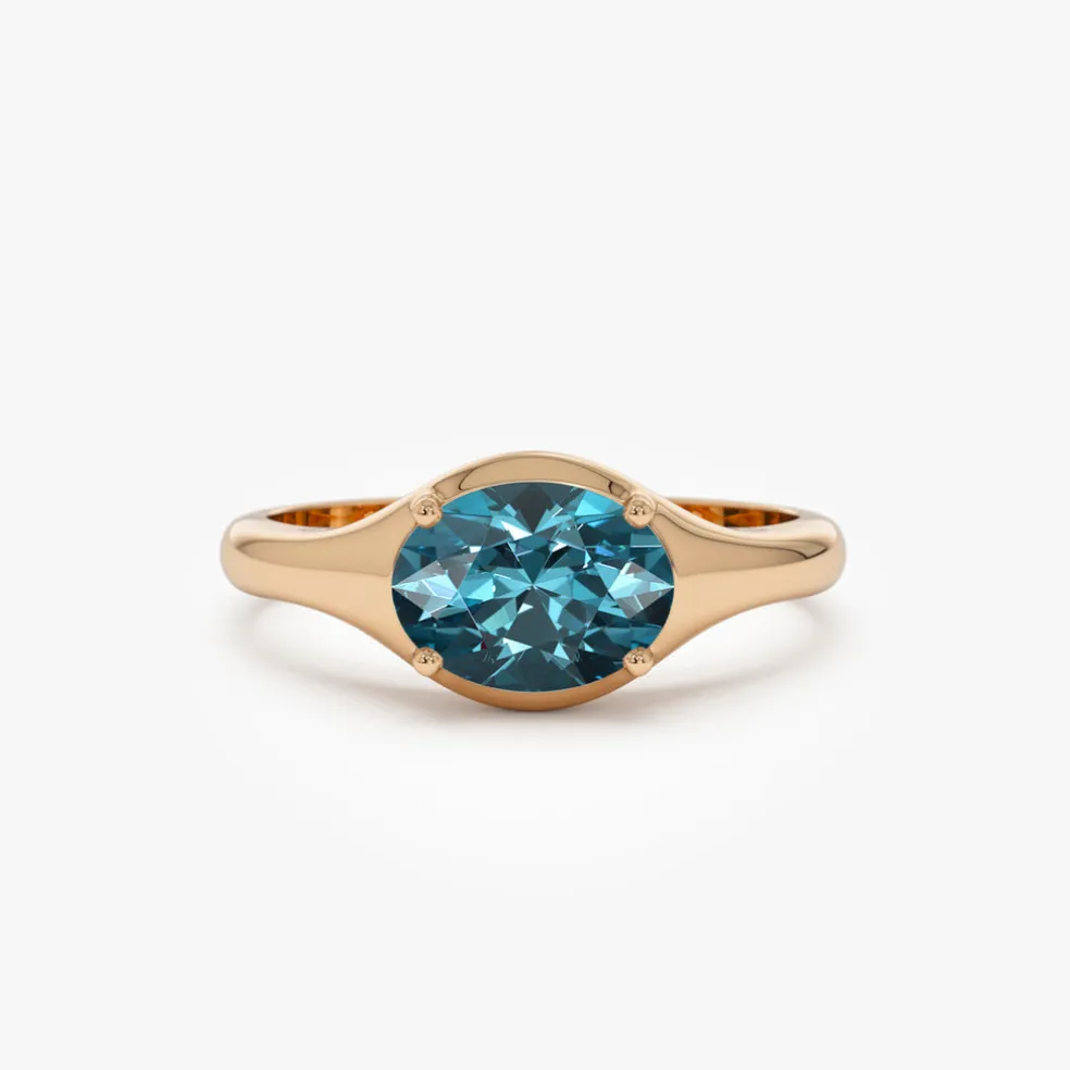 14K Oval Shape Prong Setting London Blue Topaz Ring