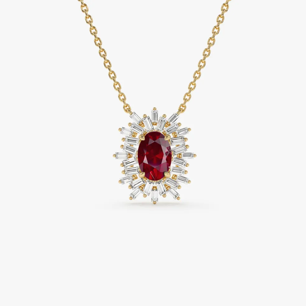 14k Oval Shape Ruby Necklace with Ballerina Baguettes