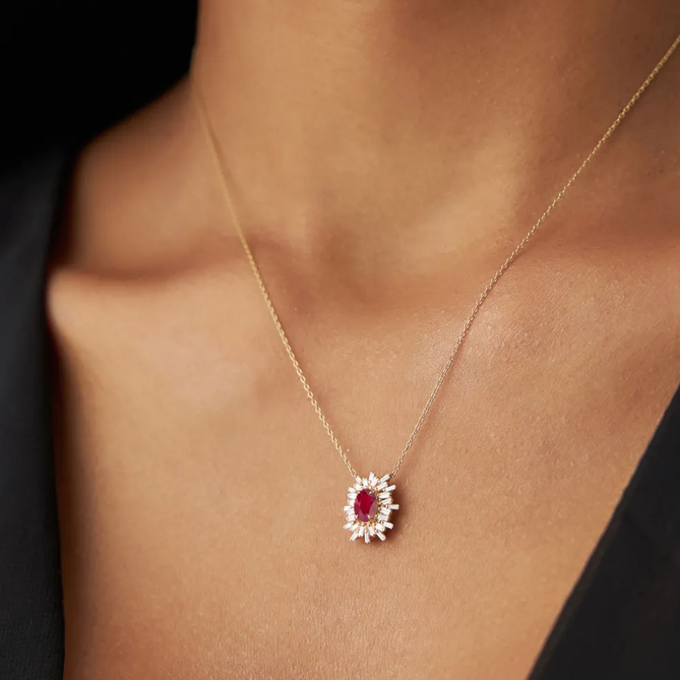 14k Oval Shape Ruby Necklace with Ballerina Baguettes