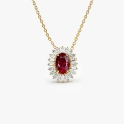 14k Oval Shape Ruby with Baguette Halo Setting Necklace