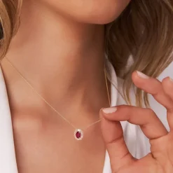 14k Oval Shape Ruby with Baguette Halo Setting Necklace