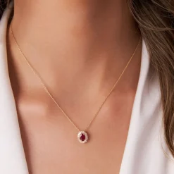 14k Oval Shape Ruby with Baguette Halo Setting Necklace