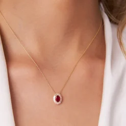 14k Oval Shape Ruby with Baguette Halo Setting Necklace