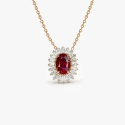 14k Oval Shape Ruby with Baguette Halo Setting Necklace