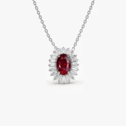 14k Oval Shape Ruby with Baguette Halo Setting Necklace