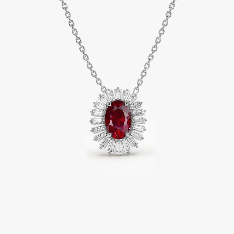 14k Oval Shape Ruby with Baguette Halo Setting Necklace
