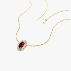 14k Oval Shape Ruby with Baguette Halo Setting Necklace