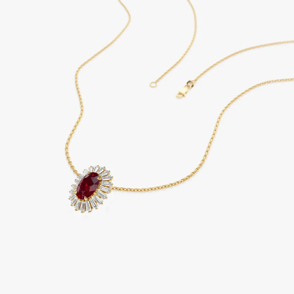 14k Oval Shape Ruby with Baguette Halo Setting Necklace