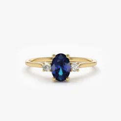 14k Oval Shape Sapphire and Diamond 3 Stone Ring