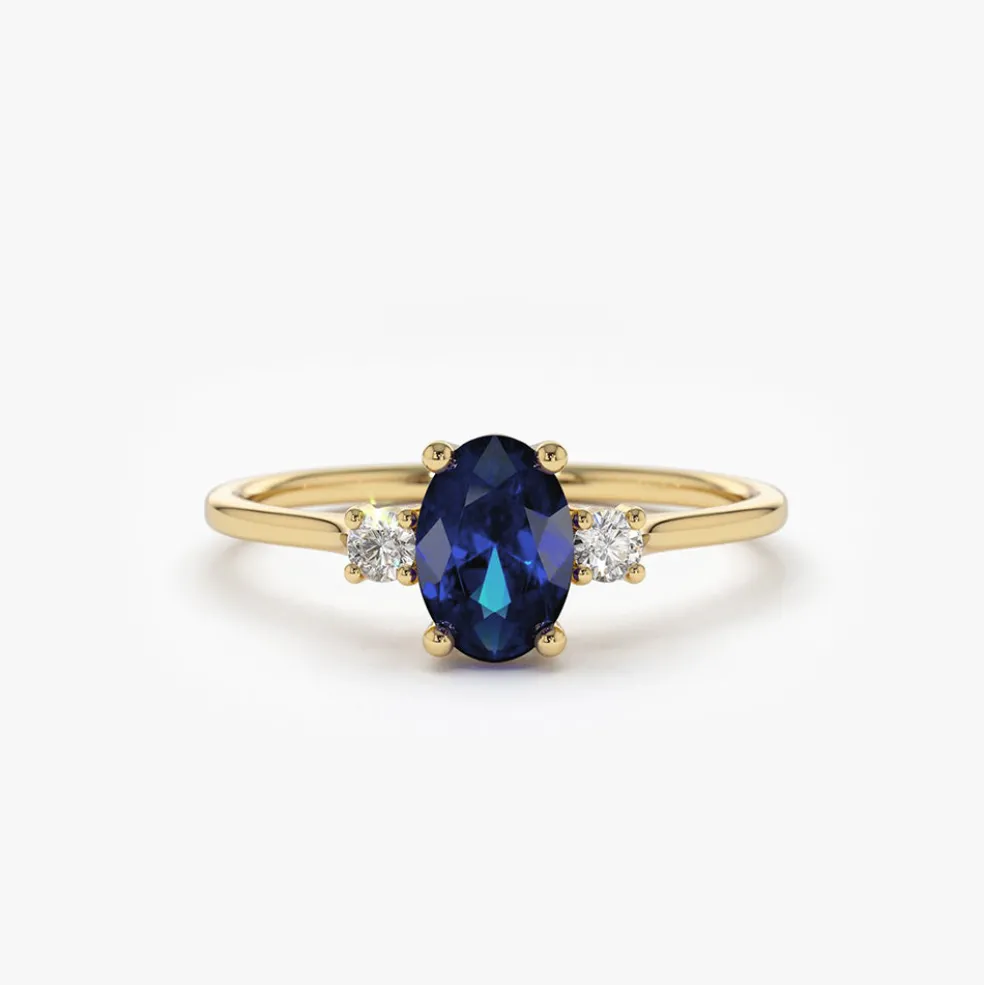 14k Oval Shape Sapphire and Diamond 3 Stone Ring