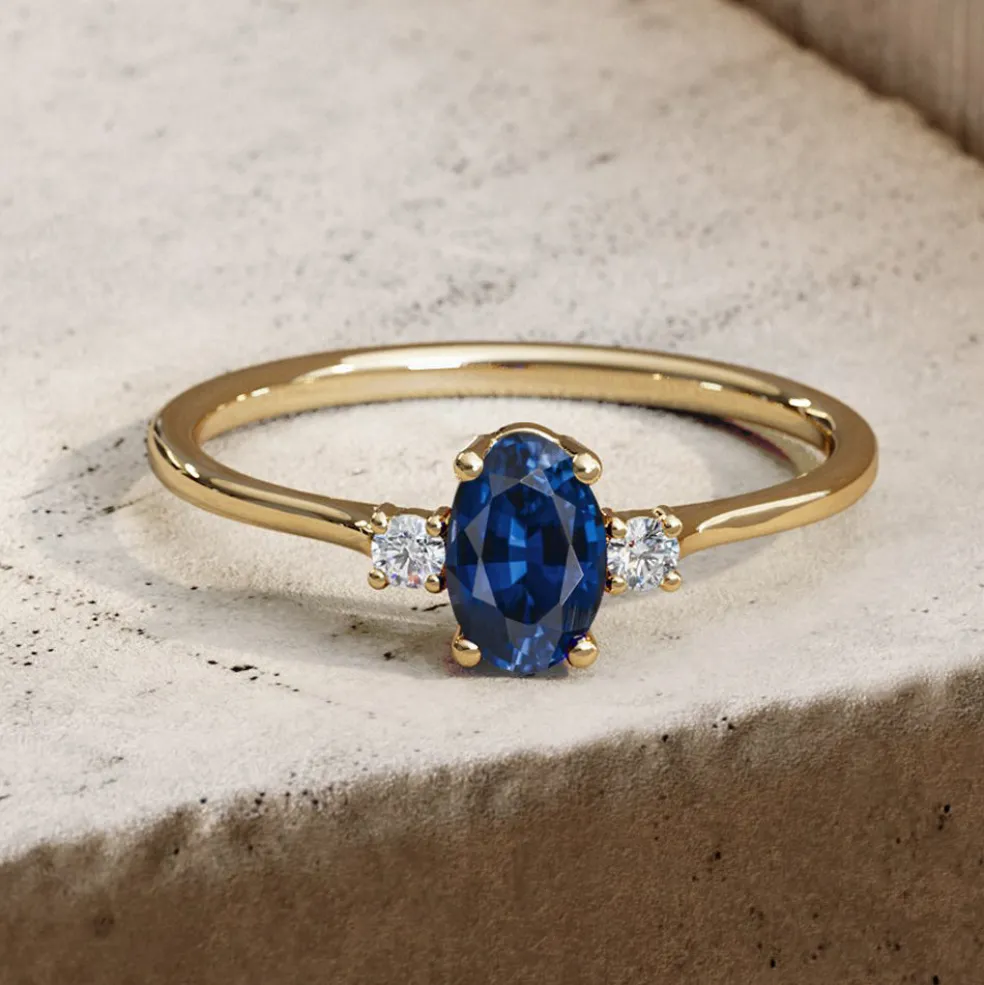 14k Oval Shape Sapphire and Diamond 3 Stone Ring