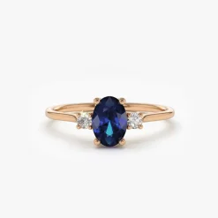 14k Oval Shape Sapphire and Diamond 3 Stone Ring