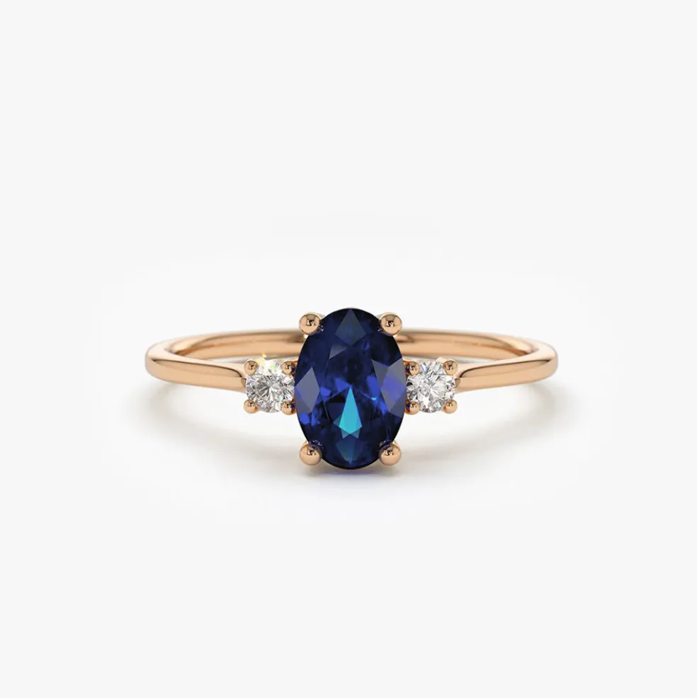 14k Oval Shape Sapphire and Diamond 3 Stone Ring