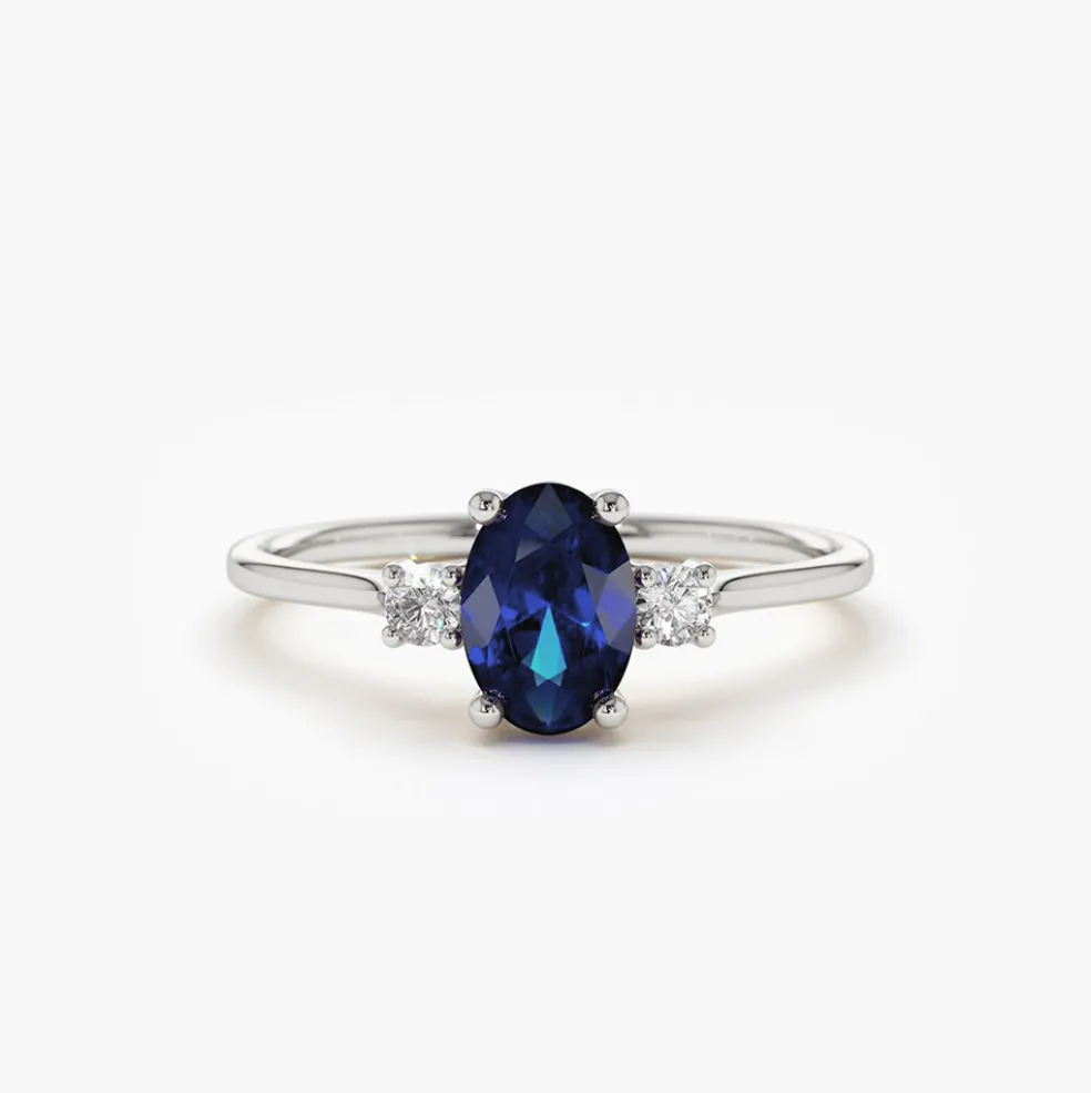 14k Oval Shape Sapphire and Diamond 3 Stone Ring