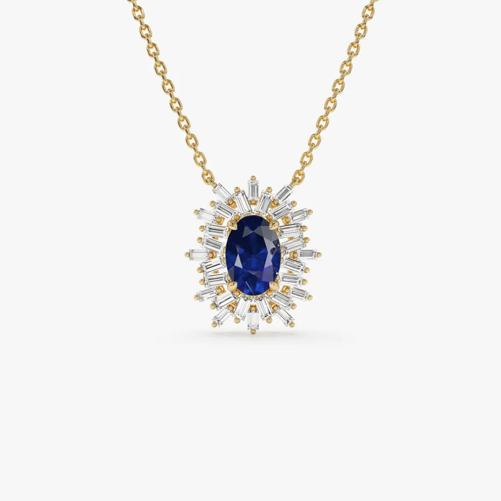 14k Oval Shape Sapphire Necklace with Ballerina Baguettes