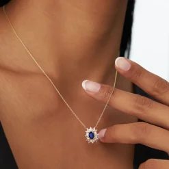 14k Oval Shape Sapphire Necklace with Ballerina Baguettes