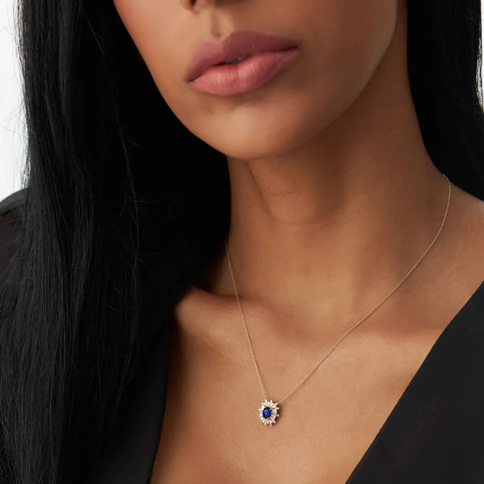 14k Oval Shape Sapphire Necklace with Ballerina Baguettes