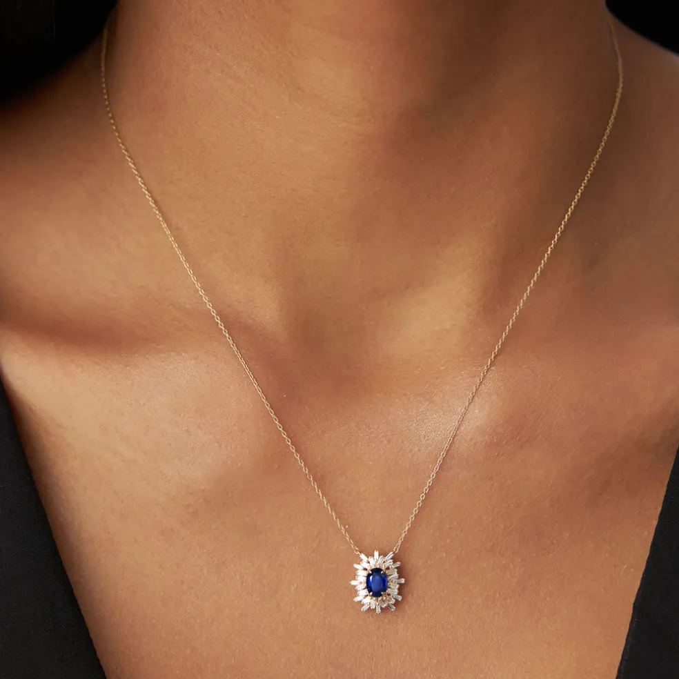14k Oval Shape Sapphire Necklace with Ballerina Baguettes