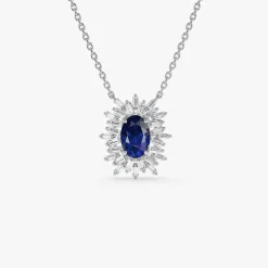 14k Oval Shape Sapphire Necklace with Ballerina Baguettes