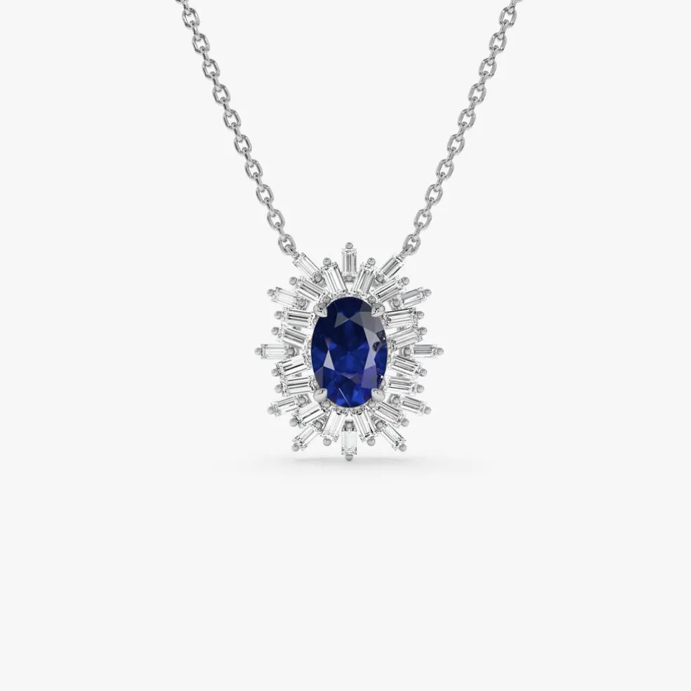 14k Oval Shape Sapphire Necklace with Ballerina Baguettes
