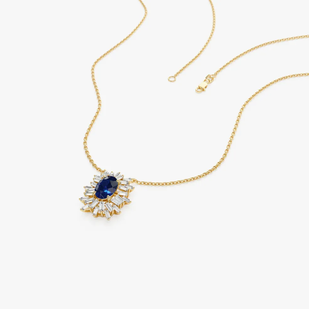 14k Oval Shape Sapphire Necklace with Ballerina Baguettes