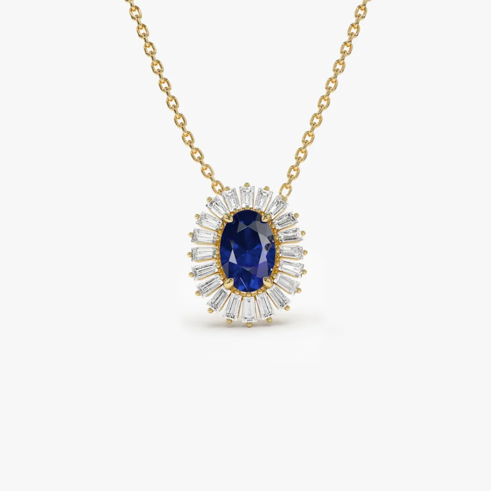 14k Oval Shape Sapphire with Baguette Halo Setting Necklace