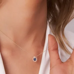 14k Oval Shape Sapphire with Baguette Halo Setting Necklace