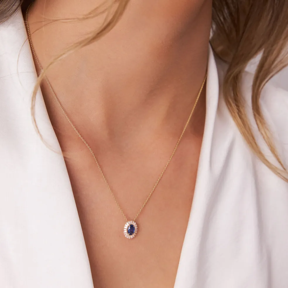 14k Oval Shape Sapphire with Baguette Halo Setting Necklace