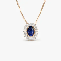 14k Oval Shape Sapphire with Baguette Halo Setting Necklace